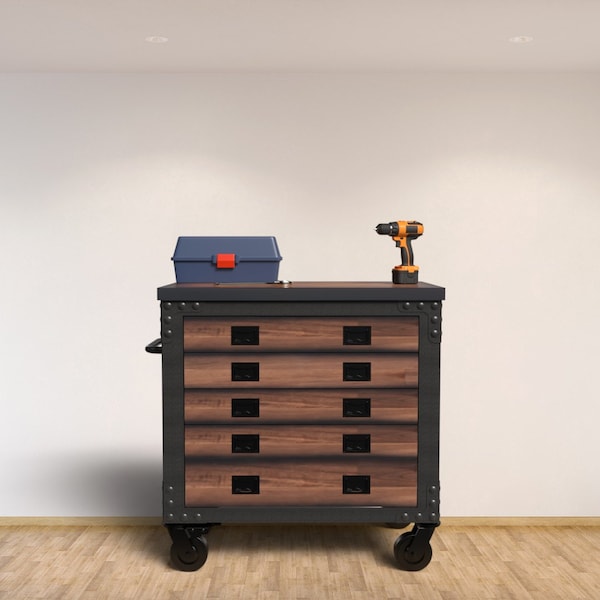Duramax Rolling Tool Chest, Wood Top, 5 Drawer, Brown/Gray